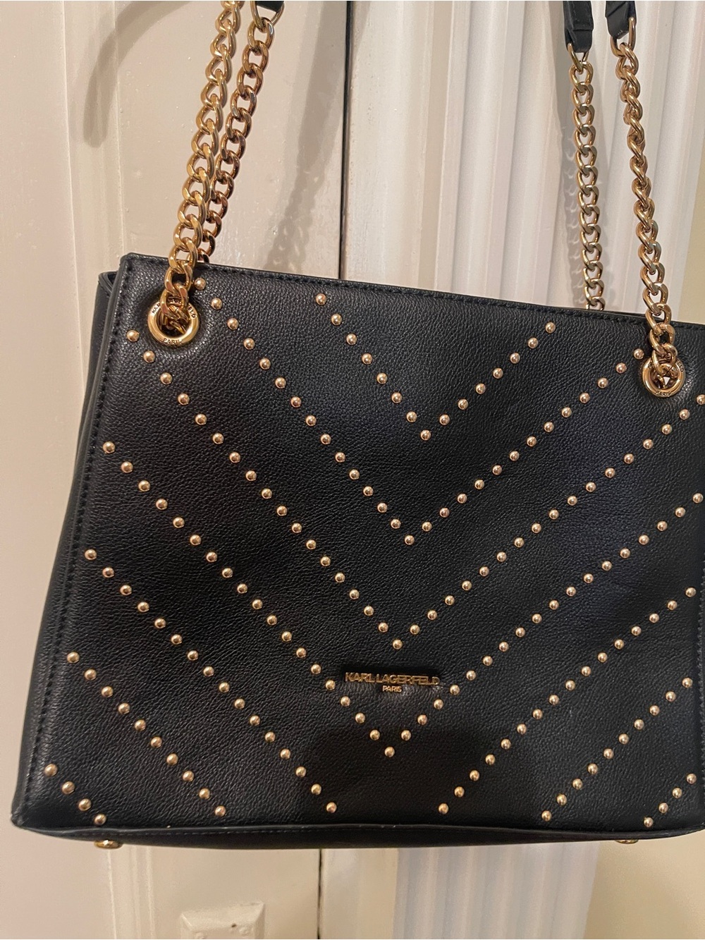 Karl Lagerfeld Black Leather Tote with Gold Stud Chevron & Chain Straps - Picture 2 of 14